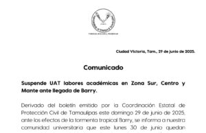 AVISO IMPORTANTE:Debido a la tormenta tropical Barry, la UAT suspende actividades académicas este lunes 30 de junio en los campus de la Zona Sur, Centro y Mante.